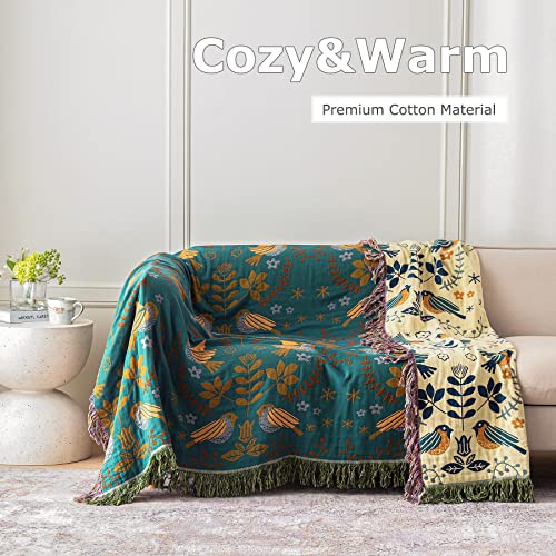 Boho Floral Quilted Throw Blanket, 100% Cotton, 60"×80"
