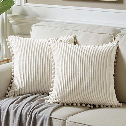 2-Pack Boho Decorative Throw Pillow Covers with Pom-Poms, Soft Corduroy Cushion Cases for Couch, Bed, Sofa, Living Room - 18x18 Inch