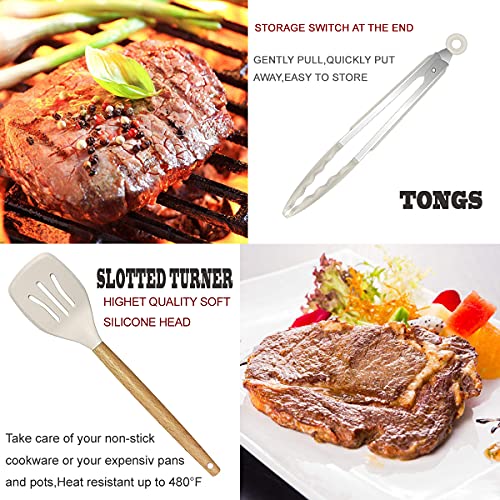 35-Piece Boho Kitchen Utensils Set - Silicone & Wood Cooking Tools for Nonstick Cookware, Ideal for First Home, Dorm, or Apartment