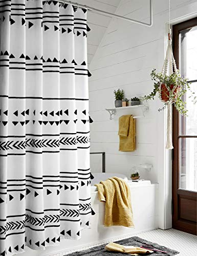 Triangle and Geometric Tassel Fabric Shower Curtain Set with Hooks, Black and White Bathroom Curtains for Modern Bathroom Decor
