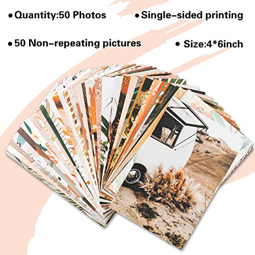 50PCS Boho Aesthetic Pictures Wall Collage Kit, Peach Teal Photo Collection Collage Dorm Decor for Girl Teens and Women, Orange Boho Wall Prints Kit, Small Posters for Room Bedroom Aesthetic