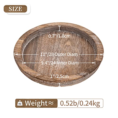 Hanobe Rustic Wooden Serving Tray - Round Wood Butler Decorative Tray Vintage Centerpiece Candle Holder Trays Farmhouse Ottoman Tray for Kitchen Countertop Home Decor for Coffee Table