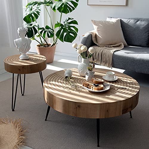 COZAYH 2-Piece Modern Farmhouse Living Room Coffee Table Set, Nesting Table Round Natural Finish with Handcrafted Wood Ring Motif, Wood Colour