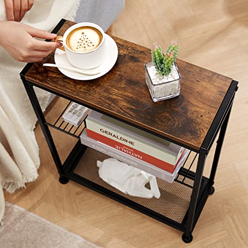 Small Side Table for Small Spaces - Slim End Table with Magazine Holder - 2 in 1 Design Narrow End Table Living Room - Skinny Bedside Table Nightstand Bedroom Thin Side Table, Rustic Brown