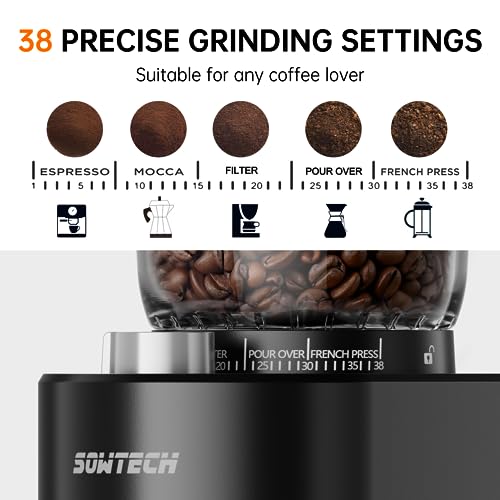 SOWTECH Anti-static Conical Burr Coffee Grinder, Adjustable Burr Mill with 38 Precise Grind Setting, precision timer, for Espresso/Drip/Pour Over/Cold Brew/French Press Coffee Maker(Black)