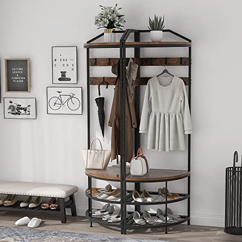 GiftGo Corner Hall Tree with Shoe Bench Entryway Coat Rack with 10 Metal Movable Hooks Freestanding Clothes Rack Shoes Shelf Organizer for Home Office Bedroom (Rustic Brown)