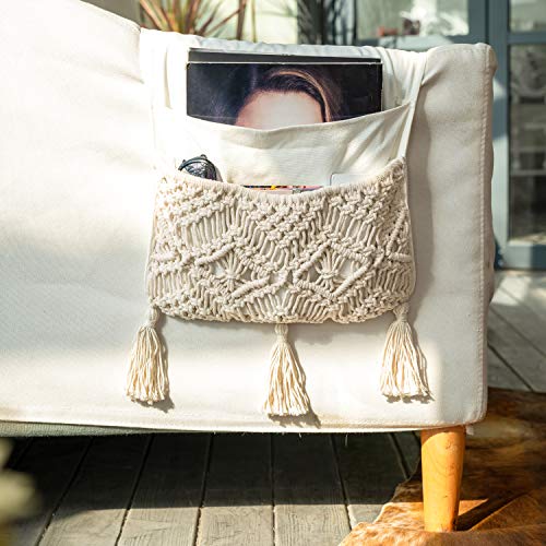 Boho Macrame Armrest Organizer - Sofa, Bedside, and Armchair Caddy for Remote, Magazine, Books, Cell Phone, iPad, Home and Dorm Decor, Ivory