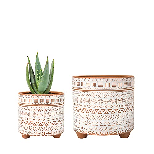 Set of 2 Terracotta Planter Pots, 4 Inch & 6 Inch, Geometric Design Plants Pot with Drainage Hole, Terracotta/White, 31-953-D-1