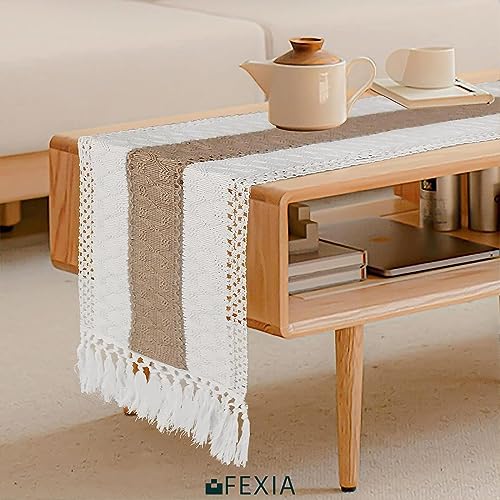 FEXIA Boho Table Runner for Home Decor 72 Inches Long Farmhouse Rustic Table Runner Cream & Brown Macrame Table Runner with Tassels for Boho Dining Bedroom Decor Rustic Bridal Shower (12x72 Inches)