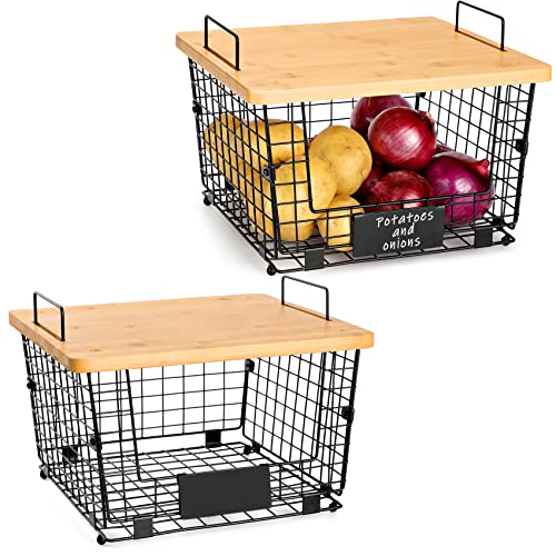 Kitchen Counter Baskets - Set of 2 Stackable Wire Organizing Bins with Bamboo Top