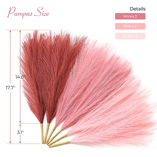 Serwalin Pampas Grass 17.7 Inch 6Pcs, Faux Pampas Pink Pampas Grass Decor, Artificial Small Pampass Grass Fall Boho Decor, Fake Pampas Grass Centerpieces Home Decor Valentine Mother's Day