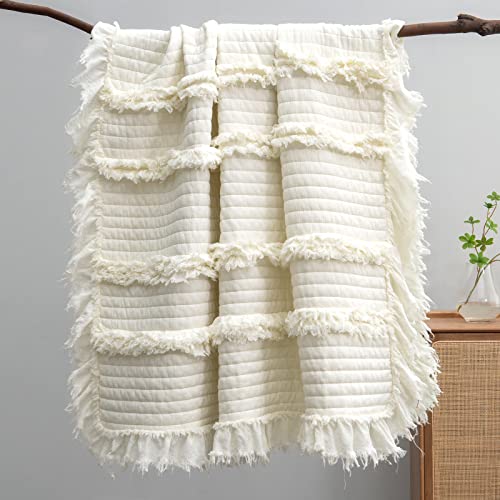 Boho Ruffle Fringed Cream Quilted Throw Blanket, Pre-Washed Stone Washed Chic Rustic Blanket for Sofa Couch Bed Chair, 50"x 60"