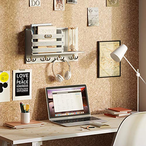 GREENSTELL Mail Holder, Large Size Wall Mounted Mail Organizer with Tags & 4 Double Key Hooks, Rustic Wood Mail Sorter, Home Decor for Entryroom, Mudroom, Hallway, Kitchen, Office White Gray