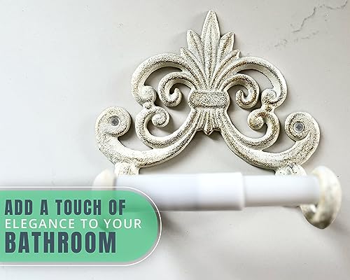 Decorative Cast Iron Fleur De Lis Toilet Paper Roll Holder - Wall Mounted, Antique White, Vintage Rustic Design - Bathroom Accessory with Easy Installation - Included Screws and Anchors