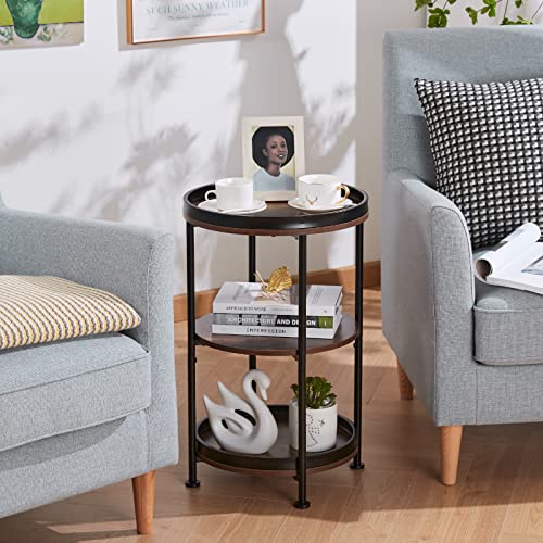 Boho Round End Table with 3 Storage Shelves - Industrial Rustic Brown Side Table for Living Room, Bedroom, Small Spaces