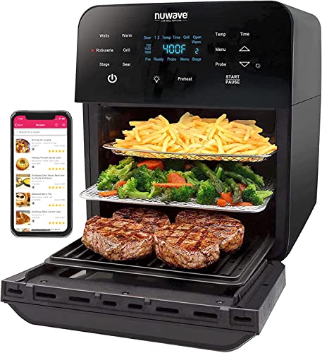 Nuwave Brio 15.5Qt Air Fryer Rotisserie Oven, X-Large Family Size, Powerful 1800W, 4 Rack Positions, 50°-425°F Temp Controls, 100 Presets & 50 Memory, Integrated Smart Thermometer, Linear T Technology