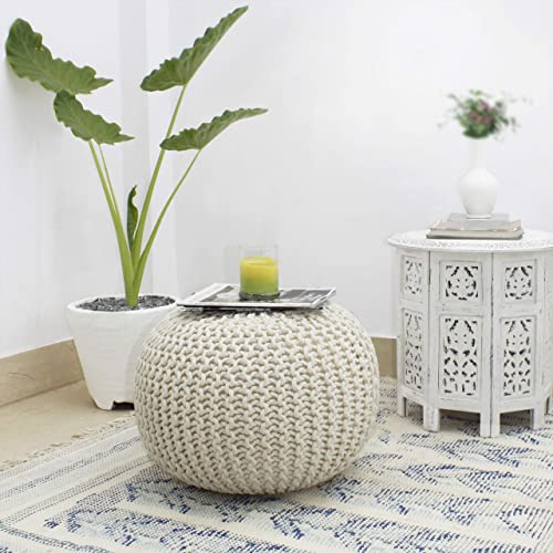 COTTON CRAFT - Hand Knitted Cable Style Dori Pouf - Ivory - Floor Ottoman - Cotton Braid Cord - Handmade & Hand Stitched - Truly one of a Kind Seating - 20 Dia x 14 High
