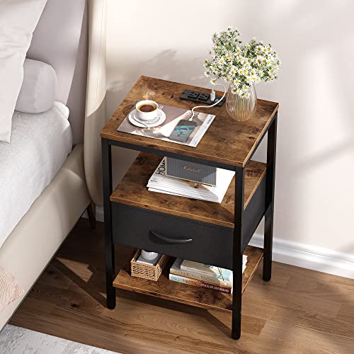 SUPERJARE Nightstand with Charging Station, Bed Side Table with Adjustable Fabric Drawer, Night Stand for Bedroom, 3-Tier Storage End Table, for Living Room - Rustic Brown
