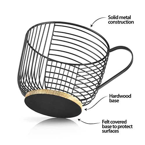Coffee Pod Holder - Large Capacity Black Wire Kup Storage with Wooden Base - Modern Coffee Basket Decor for Kitchen Countertop for Pods & Espresso Capsules