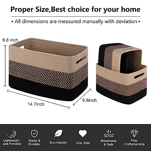 OIAHOMY Storage Basket, Woven Baskets for Storage, Cotton Rope Basket for toys,Towel Baskets for Bathroom - Pack of 3, Black & Brown
