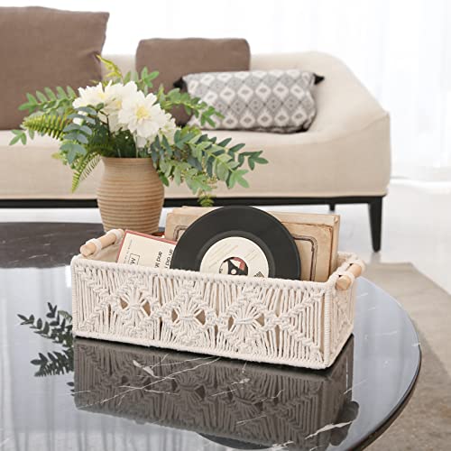 Set of 2 Boho Macrame Storage Baskets - Handmade Woven Decorative Boxes for Countertop, Toilet Tank, Shelf, and Cabinet Organization, Ivory