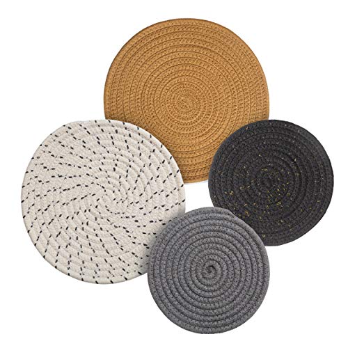 Round Cotton Trivets Set of 4 in Glam by Beets & Berry, 7 inch and 9 inch Diameter, Pot Holders, Hot Pads, Hot Mats, 100% Pure Eco Cotton, Boho, Farmhouse, Mid Century Modern, Kitchen Decor
