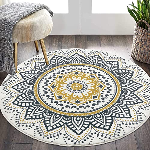 HEBE 4 Ft Round Area Rug Soft Chic Bohemian Mandala Rugs Machine Washable Non Slip Indoor Sofa Floor Mat Carpet for Living Room Bedroom Nursery Decor, Yellow