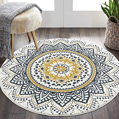 Boho Mandala Round Rug - 4ft Soft Floor Mat for Living Room or Bedroom