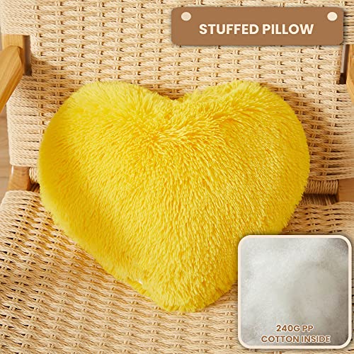MEGO Fluffy Heart Pillow, Faux Fur Decorative Throw Pillow, Plush Shaggy Heart Shaped Pillow w Insert&Cover, Cute Furry Throw Pillows for Couch Bed Sofa Kid Girls Women Valentine's Day Gift Yellow