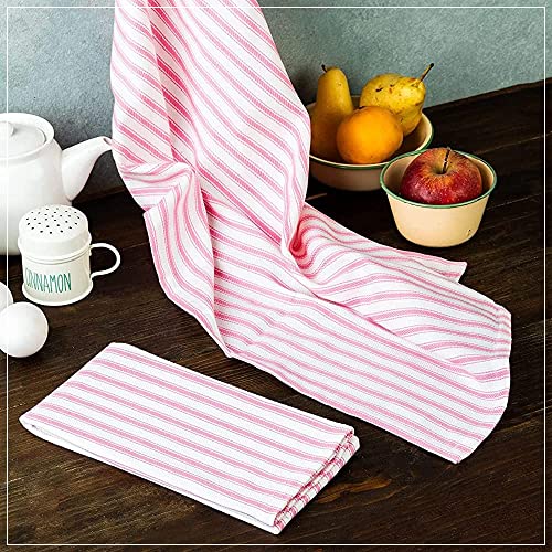 Candy Cottons Set of 3 Kitchen Dish Towels, 100% Cotton Kitchen Towels, with Hanging Loop, Dishcloth Sets for Washing & Drying Dishes, Tea Towels & Hand Towels 18x28, French Stripe, Pink