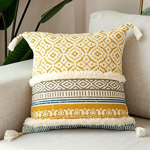 blue page Boho Tufted Decorative Throw Pillow Covers for Couch Sofa Bed - Modern Moroccan Style Pillow Cases with Tassels, Accent Decor Pillow for Bedroom Living Room, 18x18 Inches, Yellow