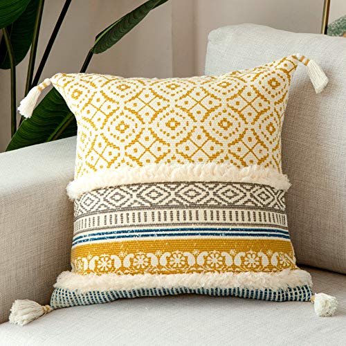 Boho Tufted Pillow Covers for Couch Sofa Bed - Moroccan Style with Tassels, 18x18 Inches, Yellow