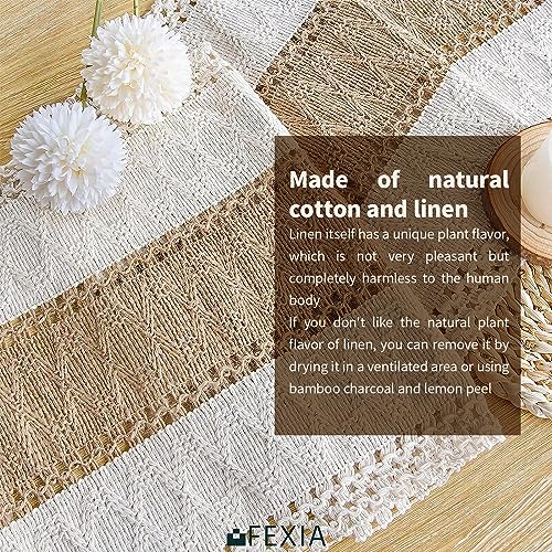 FEXIA Boho Table Runner for Home Decor 72 Inches Long Farmhouse Rustic Table Runner Cream & Brown Macrame Table Runner with Tassels for Boho Dining Bedroom Decor Rustic Bridal Shower (12x72 Inches)