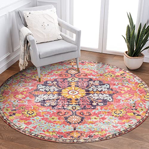 Boho Floral Medallion Round Rug - 3Ft Area Rug for Bedroom, Home Office, Washable Indoor Carpet
