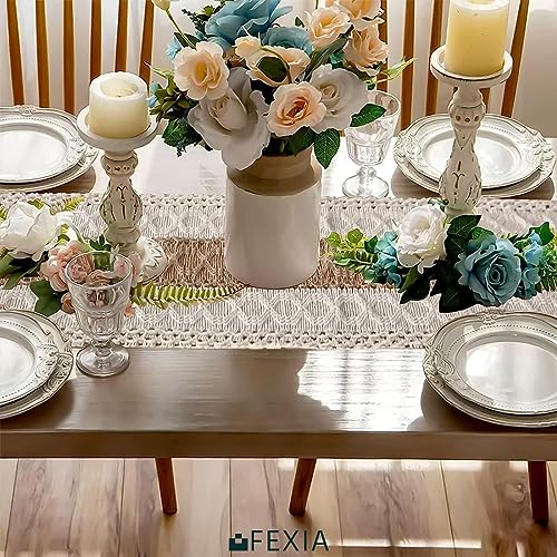 FEXIA Boho Table Runner for Home Decor 72 Inches Long Farmhouse Rustic Table Runner Cream & Brown Macrame Table Runner with Tassels for Boho Dining Bedroom Decor Rustic Bridal Shower (12x72 Inches)