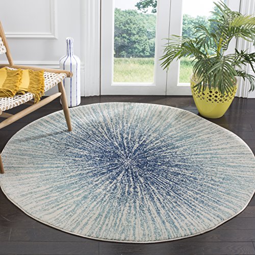 Abstract Burst Area Rug, 9' Round Royal/Ivory, Non-Shedding for Living Room Bedroom