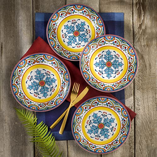 Euro Ceramica Zanzibar Collection 16 Piece Dinnerware Set Kitchen and Dining, Service for 4, Spanish Floral Design, Multicolor, Blue and Yellow