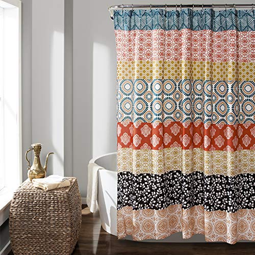 Stripe Shower Curtain, Colorful Floral and Geometric Design, 72 x 72 Inches