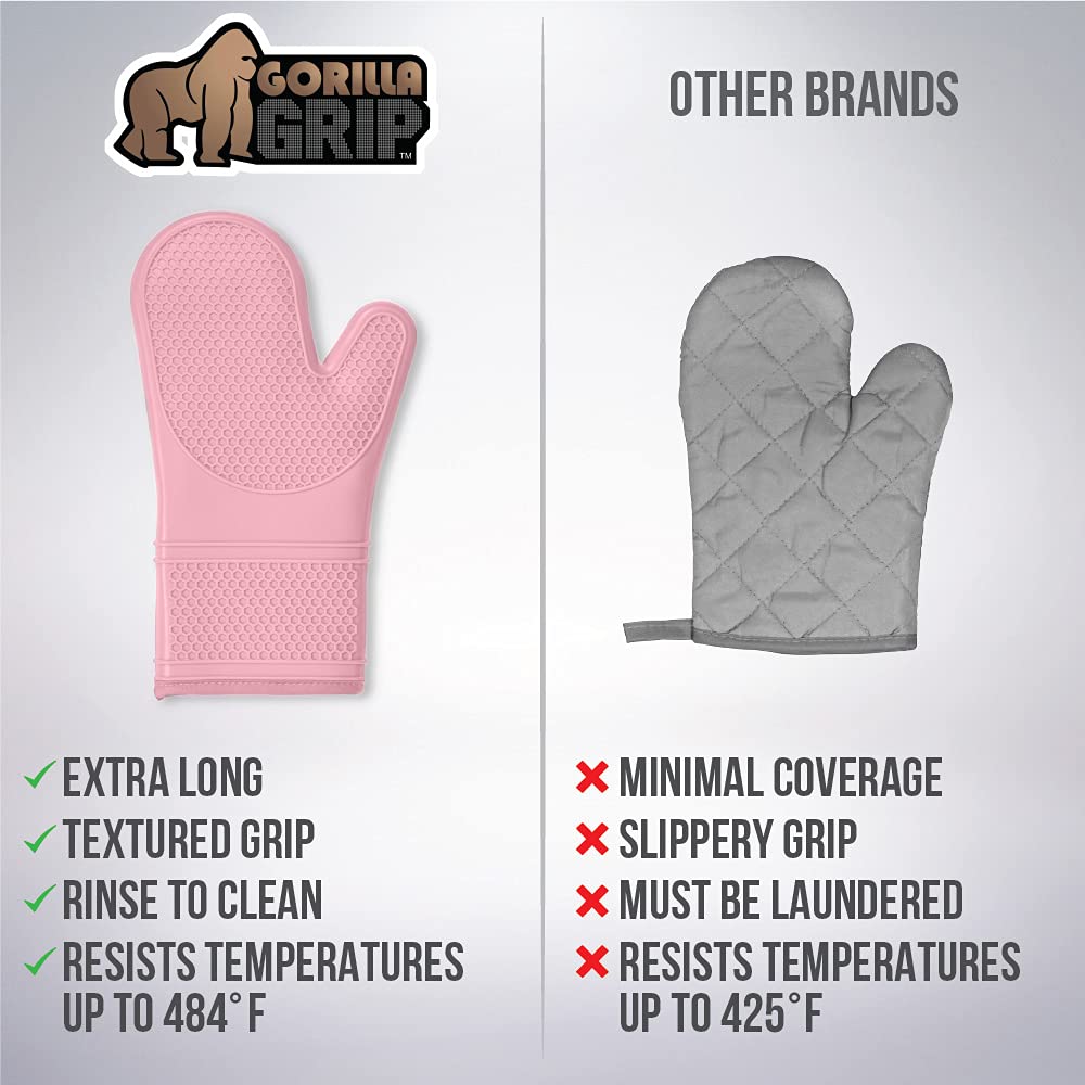 Gorilla Grip Heat and Slip Resistant Silicone Oven Mitts Set, Soft Cotton Lining, Waterproof, BPA-Free, Long Flexible Thick Gloves for Cooking, BBQ, Kitchen Mitt Potholders, 12.5 in, Pink