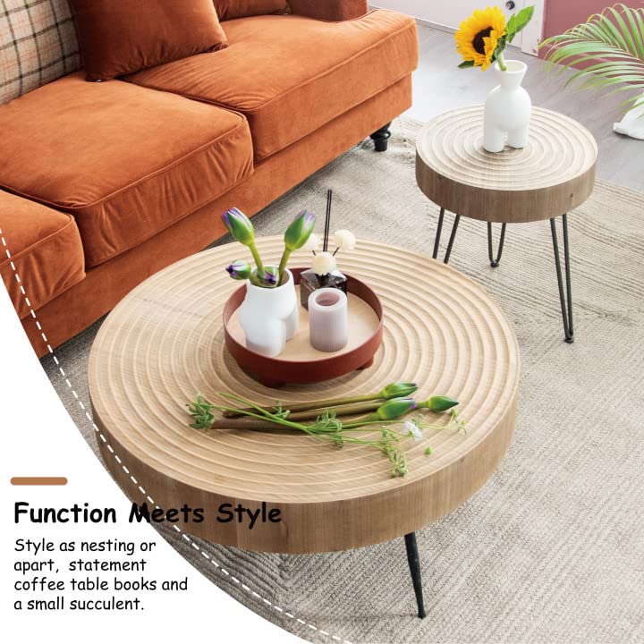 COZAYH 2-Piece Modern Farmhouse Living Room Coffee Table Set, Nesting Table Round Natural Finish with Handcrafted Wood Ring Motif, Wood Colour