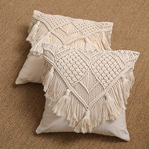 Macrame Throw Pillow Cushion Covers , Woven Boho Bed Sofa Couch Bench Car Home Decor, Comfy Square Pillow Cases with Tassels, Set of 2 Decorative Pillowcase (17X17 inch, Cream)