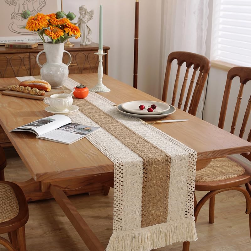 Boho Macrame Table Runner - 72 Inch Burlap Splicing with Tassels, Rustic Beige for Dining Room