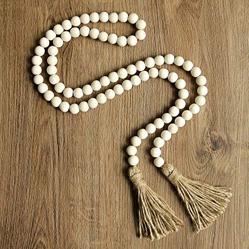 58in Wood Bead Garland with Tassels,Farmhouse Beads Rustic Country Decor Prayer Boho Beads Wall Hanging Decoration (Nature)