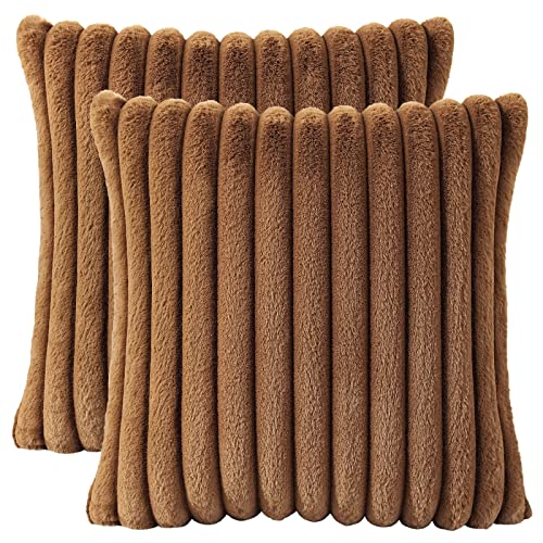 AmHoo Pack of 2 Decorative Throw Pillow Covers Faux Rabbit Fur Cozy Velvet Super Soft Fuzzy Striped Set Case Cushion for Couch Sofa Bedroom 18 x 18-Inch Brown