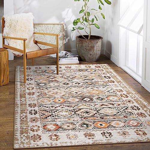 Washable 5x7 Rug, Southwestern Tribal Living Room Area Rug, Large Moroccan Non-Slip Rug for Bedroom, Non-Shedding Farmhouse Low Pile Floor Carpet