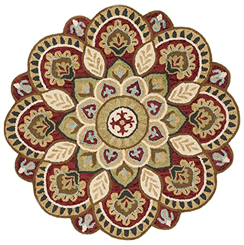 SAFAVIEH Novelty Collection Area Rug - 5' Round, Red & Taupe, Handmade Boho Floral Rustic Country Wool, Ideal for High Traffic Areas in Living Room, Bedroom (NOV604Q)