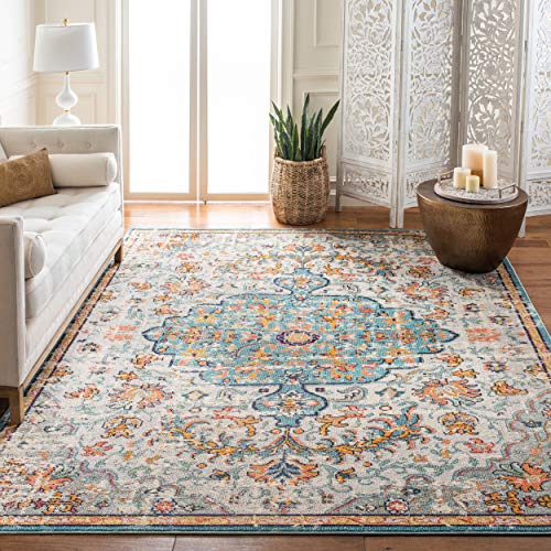 SAFAVIEH Madison Collection Area Rug - 8' x 10', Grey & Light Blue, Boho Chic Medallion Distressed Design, Non-Shedding & Easy Care, Ideal for High Traffic Areas in Living Room, Bedroom (MAD447F)