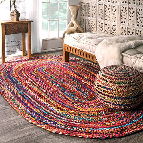 Boho Hand Braided Area Rug, 5' x 8', Multi Color Oval Rug for Bedroom and Living Room