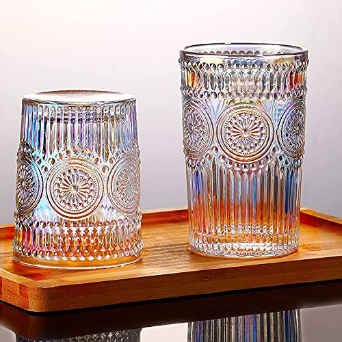 Kingrol 6 Pack 12 oz Romantic Water Glasses, Rainbow Drinking Glasses Tumblers, Vintage Glassware Set for Juice, Beverages, Beer, Cocktail
