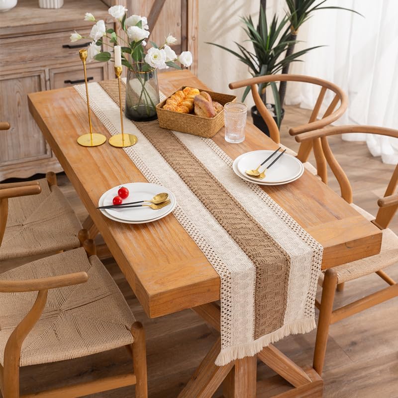 Boho Macrame Table Runner - 72 Inch Burlap Splicing with Tassels, Rustic Beige for Dining Room